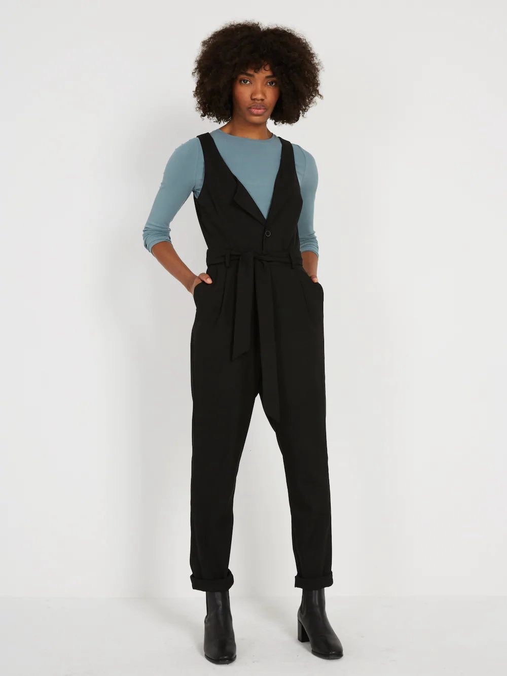 Frank & Oak Sleeveless Button Front Tie Waist Jumpsuit Black Medium